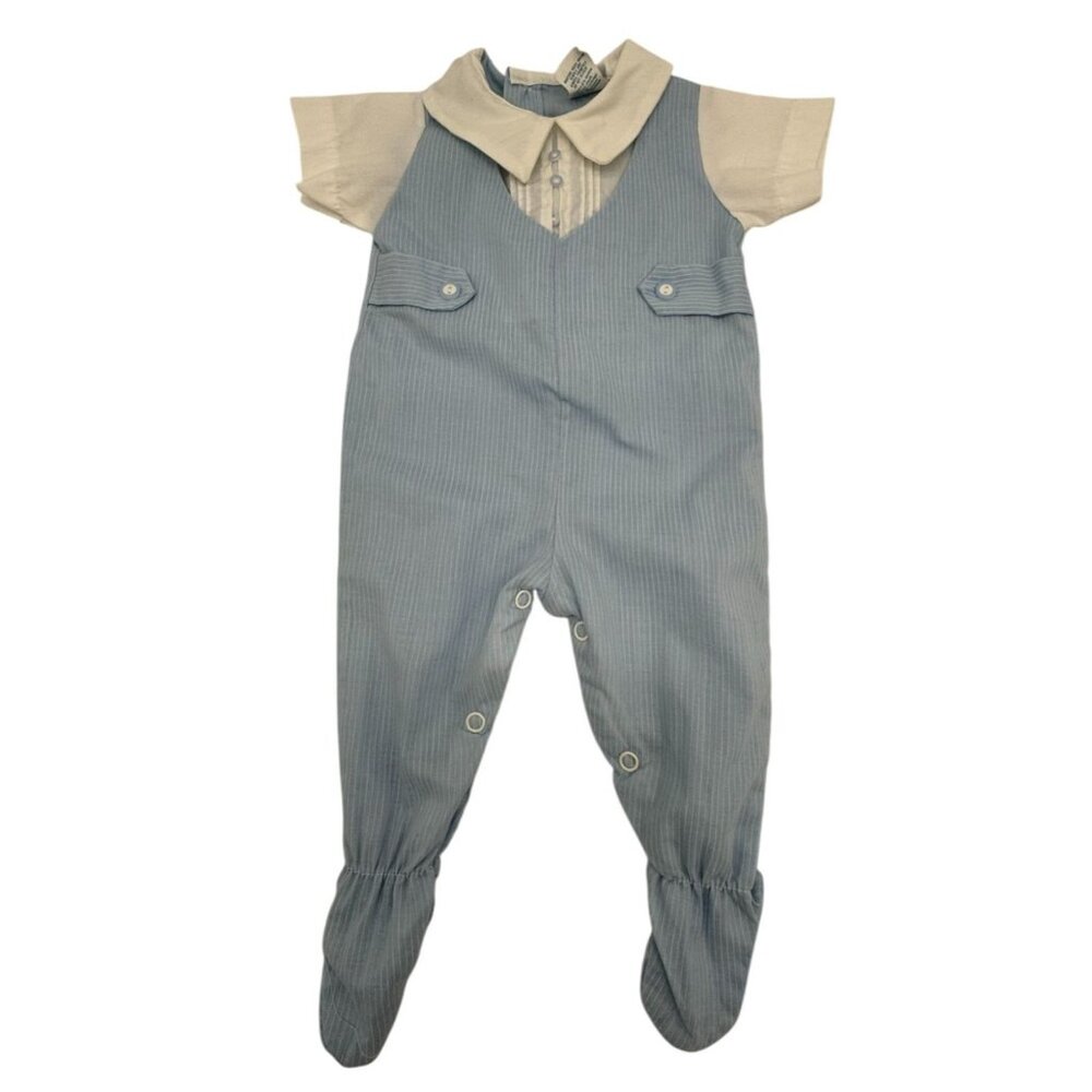 Vintage Alexis Infant Blue Pinstripe Overalls With White Shirt & Peter Pan Colla
